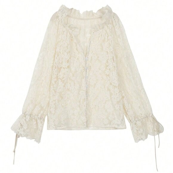 Apricot Casual Women's Elegant  Lace Sheer long sleeve Blouse - Picture 5 of 9